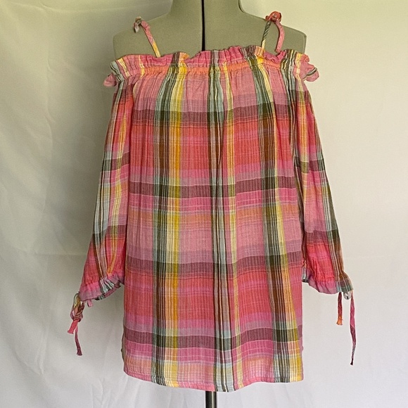 Off the Shoulder A.N.A. Women's Size SMALL Plaid Gauzy Top 3/4 Sleeves NWT - Picture 2 of 8